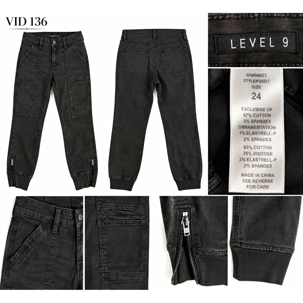 Level 9 Women's Black Cargo Jeans Size 24 Stretch Ankle Zip Charcoal Wash